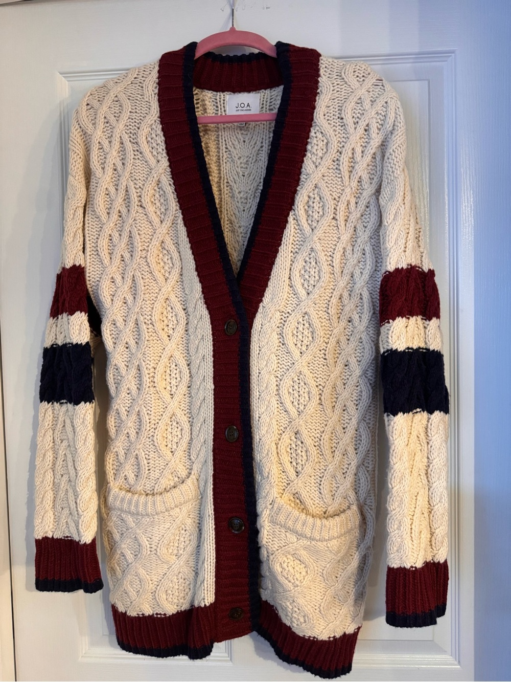 J.O.A. Cream Cable Knit Cardigan with Burgundy & Navy Accents